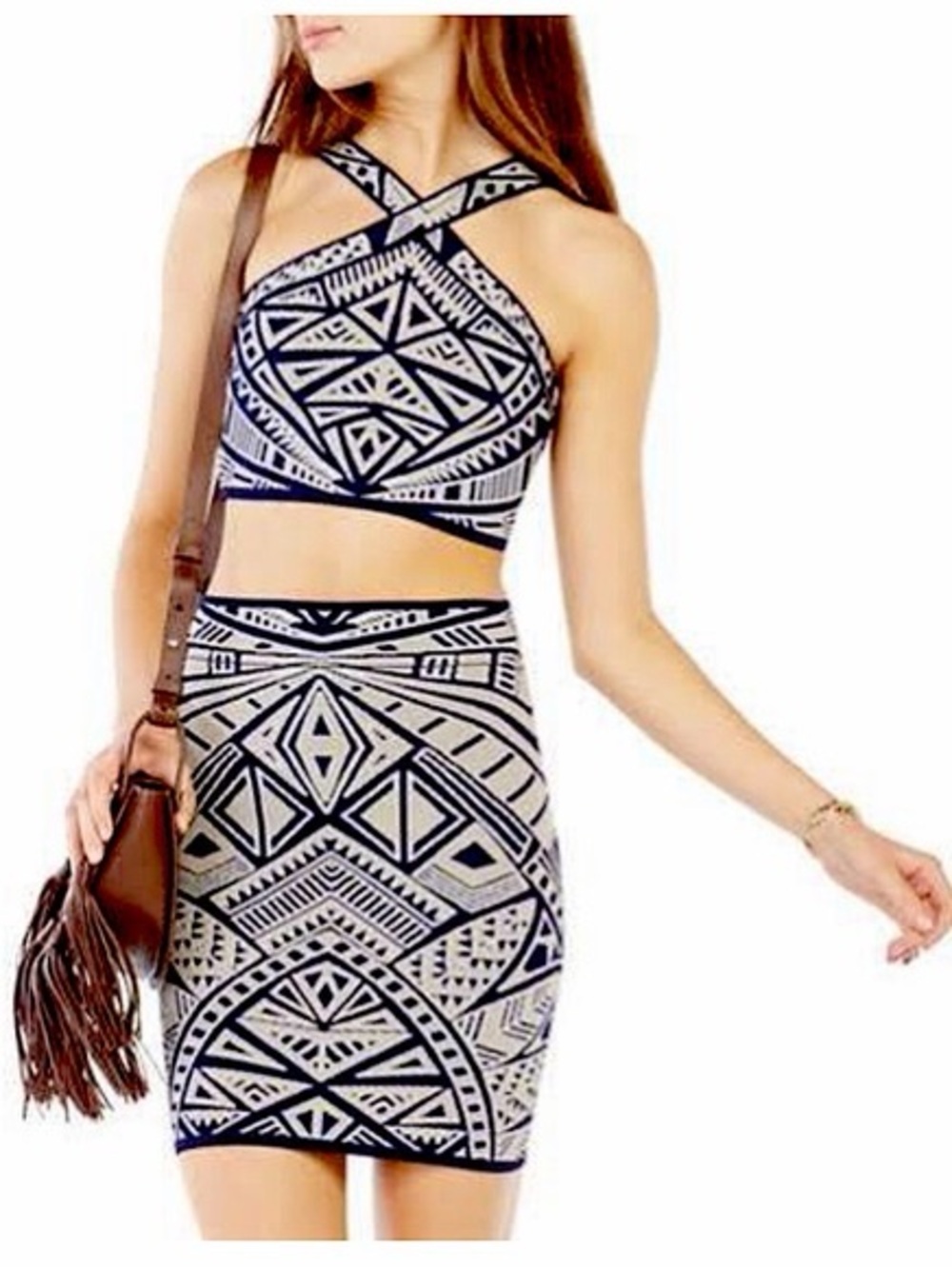 BCBGMaxAzria Navy & Cream Geometric Crop & Skirt